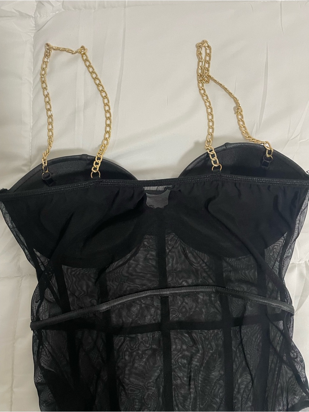 SHEIN Black Mesh Corset Bodysuit with Chain Straps - Picture 6 of 7